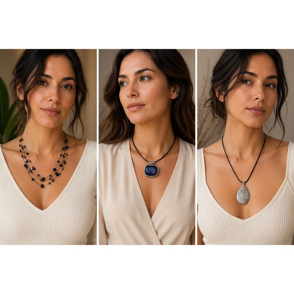 Boho Statement Necklace – 3 Pc | Blue Pendant, Silver Drop, Beaded Multi-Strand